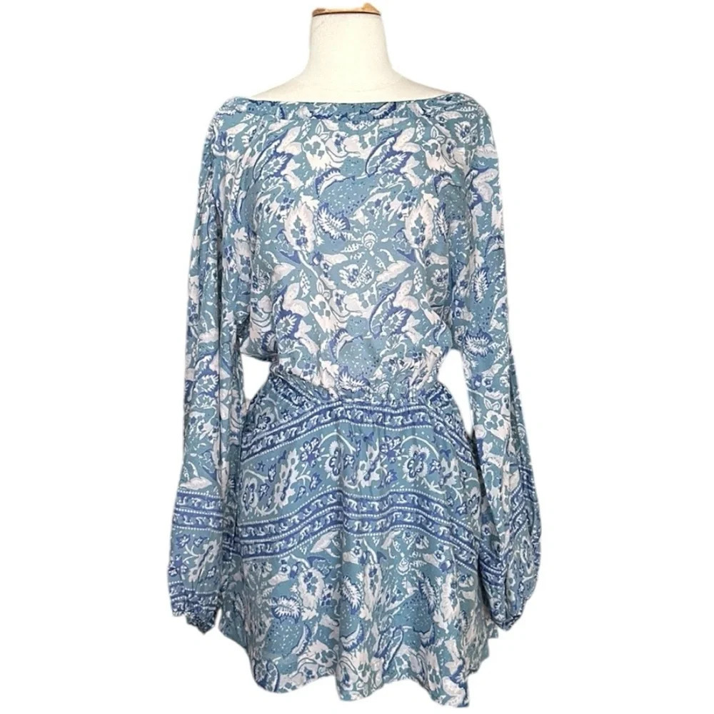 FREE PEOPLE Bohemian Mini Dress Silver Sun‎ Cutout Blue Washed Pockets, Medium
